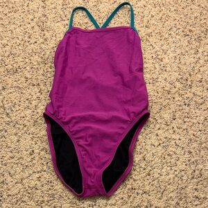 Jolyn Brandon Style Purple One-Piece Swimsuit with Teal Straps